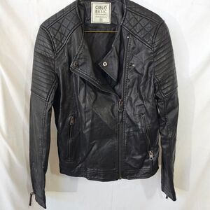 Cielo Basic Black Faux Leather Moto Jacket Quilted Shoulders Women's M